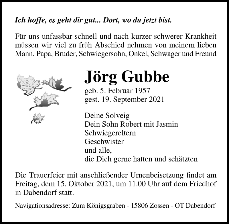  Traueranzeige für Jörg Gubbe vom 09.10.2021 aus Märkischen Allgemeine Zeitung
