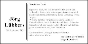 Traueranzeige von Jörg Lübbers von Lübecker Nachrichten