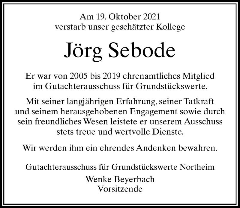  Traueranzeige für Jörg Sebode vom 30.10.2021 aus Göttinger Tageblatt