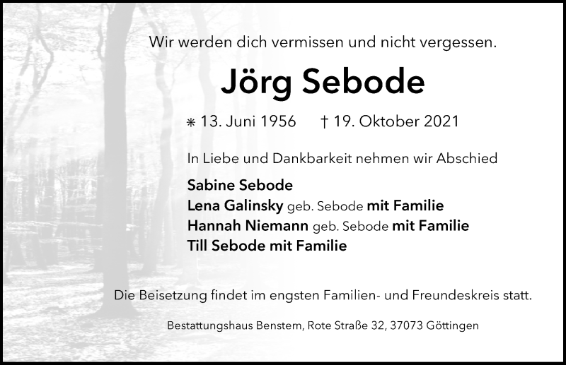  Traueranzeige für Jörg Sebode vom 23.10.2021 aus Göttinger Tageblatt