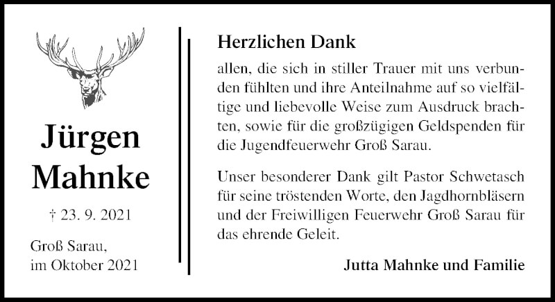  Traueranzeige für Jürgen Mahnke vom 24.10.2021 aus Lübecker Nachrichten
