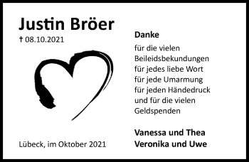 Traueranzeige von Justin Bröer von Lübecker Nachrichten