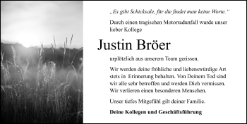 Traueranzeige von Justin Bröer von Lübecker Nachrichten