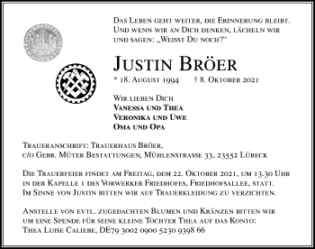 Traueranzeige von Justin Bröer von Lübecker Nachrichten