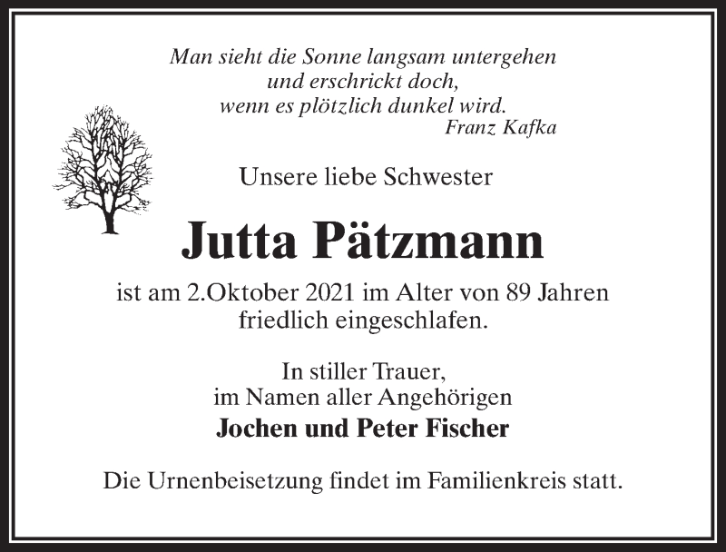  Traueranzeige für Jutta Pätzmann vom 16.10.2021 aus Märkischen Allgemeine Zeitung