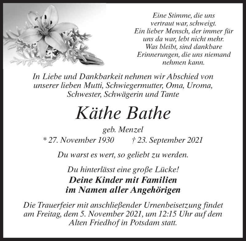  Traueranzeige für Käthe Bathe vom 02.10.2021 aus Märkischen Allgemeine Zeitung