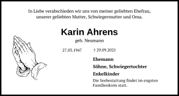 Traueranzeige von Karin Ahrens von Lübecker Nachrichten