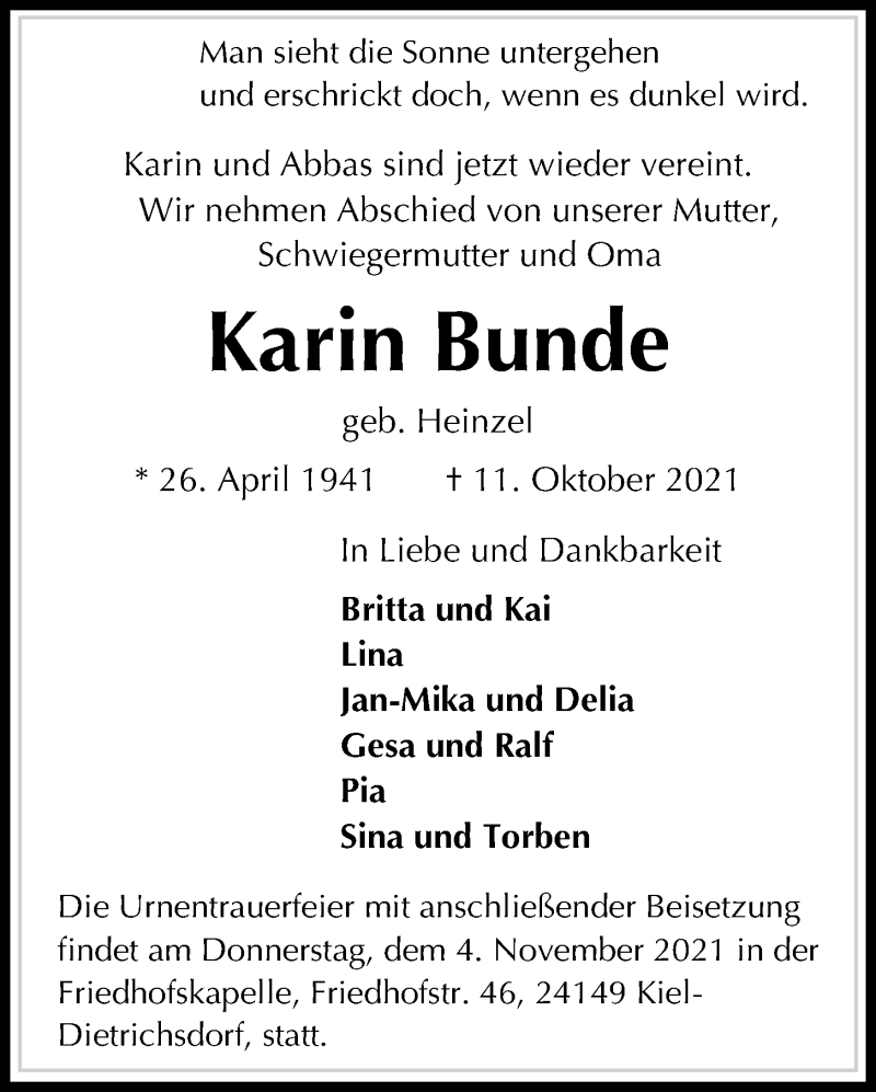  Traueranzeige für Karin Bunde vom 16.10.2021 aus Kieler Nachrichten