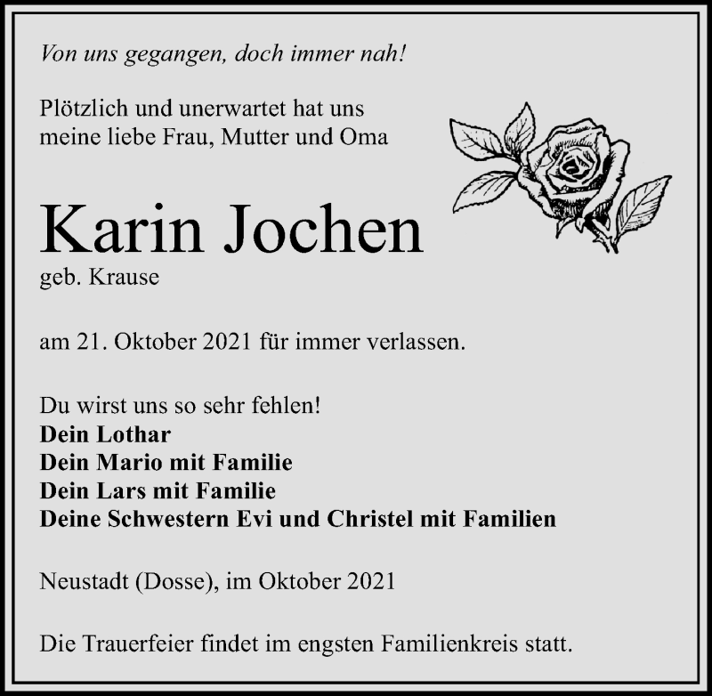  Traueranzeige für Karin Jochen vom 23.10.2021 aus Märkischen Allgemeine Zeitung