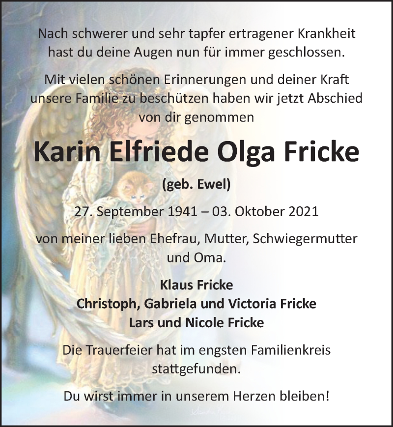  Traueranzeige für Karin Elfriede Olga Fricke vom 31.10.2021 aus Lübecker Nachrichten