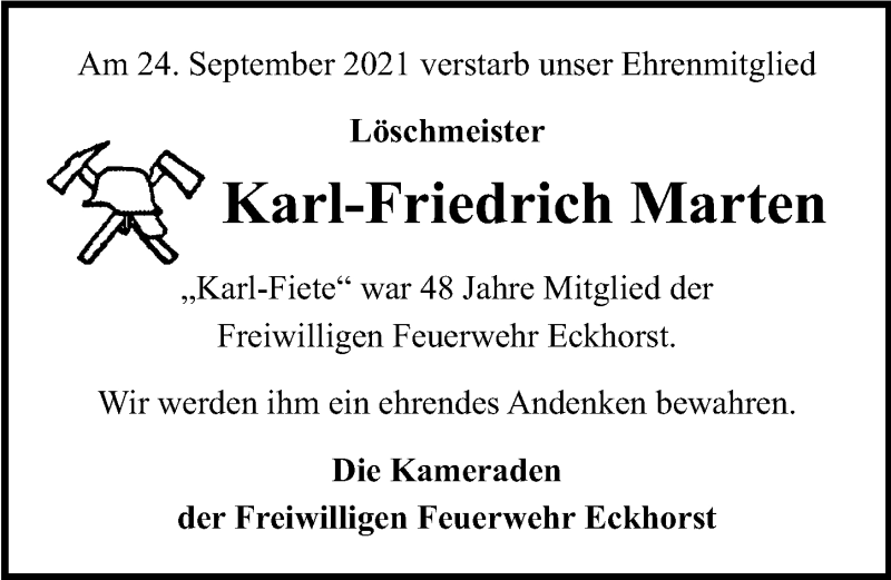  Traueranzeige für Karl-Friedrich Marten vom 05.10.2021 aus Lübecker Nachrichten