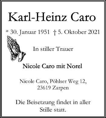 Traueranzeige von Karl-Heinz Caro von Lübecker Nachrichten