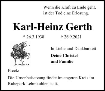 Traueranzeige von Karl-Heinz Gerth von Kieler Nachrichten