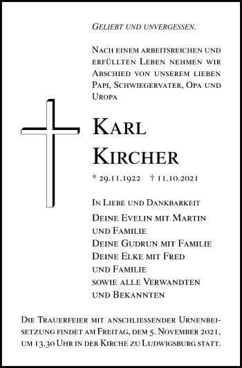 Traueranzeige von Karl Kircher von Ostsee-Zeitung GmbH