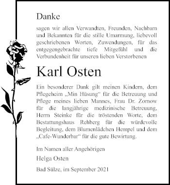 Traueranzeige von Karl Osten von Ostsee-Zeitung GmbH