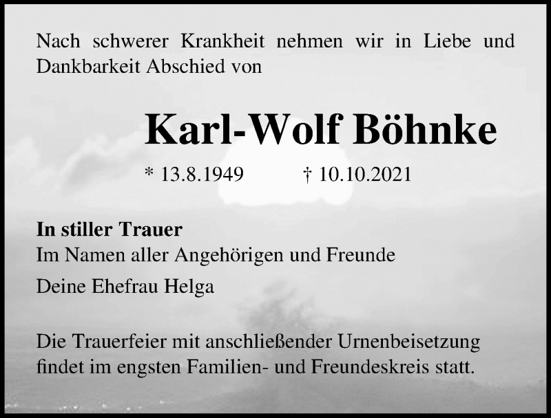  Traueranzeige für Karl-Wolf Böhnke vom 16.10.2021 aus Ostsee-Zeitung GmbH