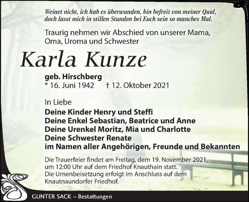  Traueranzeige für Karla Kunze vom 23.10.2021 aus Leipziger Volkszeitung
