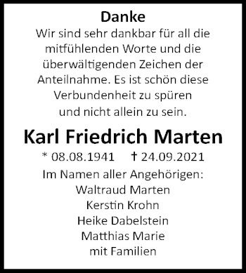 Traueranzeige von Karl Friedrich Marten von Lübecker Nachrichten