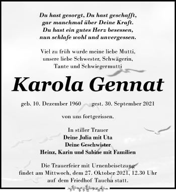 Traueranzeige von Karola Gennat von Leipziger Volkszeitung