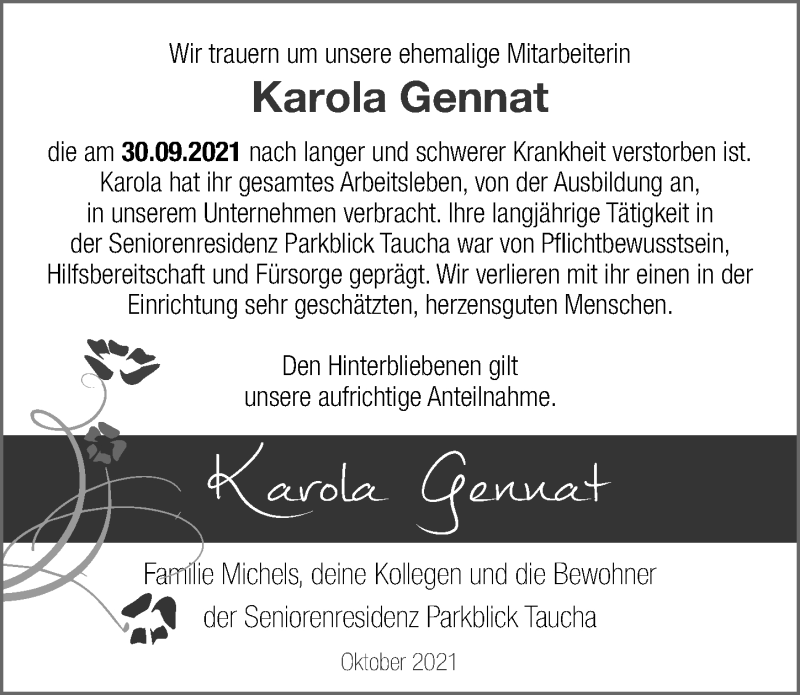 Traueranzeige für Karola Gennat vom 09.10.2021 aus Leipziger Volkszeitung