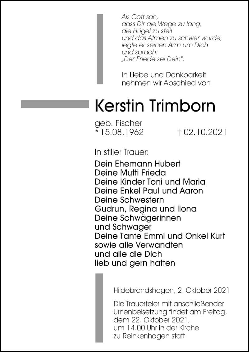  Traueranzeige für Kerstin Trimborn vom 09.10.2021 aus Ostsee-Zeitung GmbH