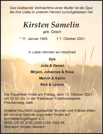 Traueranzeige von Kirsten Samelin von Lübecker Nachrichten