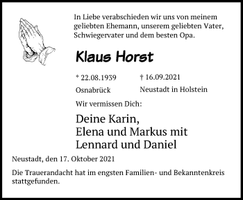 Traueranzeige von Klaus Horst von Lübecker Nachrichten