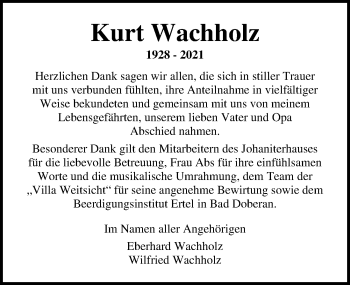 Traueranzeige von Kurt Wachholz von Ostsee-Zeitung GmbH