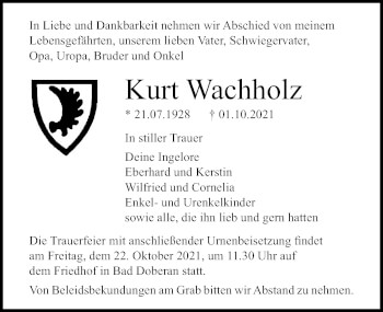 Traueranzeige von Kurt Wachholz von Ostsee-Zeitung GmbH