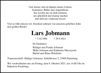 Traueranzeige von Lars Jobmann von Lübecker Nachrichten