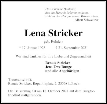 Traueranzeige von Lena Stricker von Lübecker Nachrichten