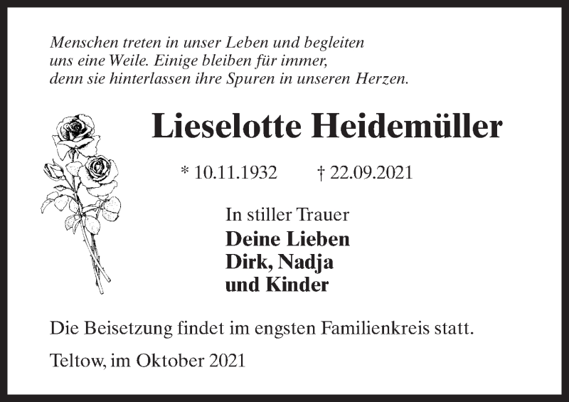  Traueranzeige für Lieselotte Heidemüller vom 02.10.2021 aus Märkischen Allgemeine Zeitung