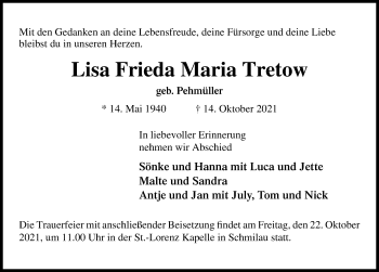 Traueranzeige von Lisa Frieda Maria Tretow von Lübecker Nachrichten