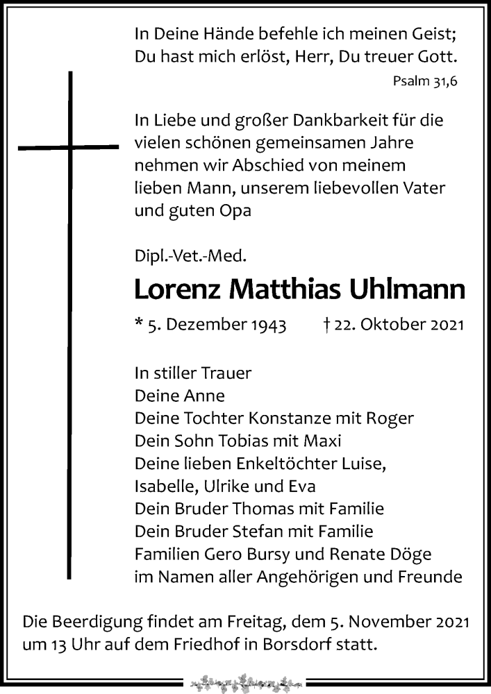  Traueranzeige für Lorenz Matthias Uhlmann vom 30.10.2021 aus Leipziger Volkszeitung