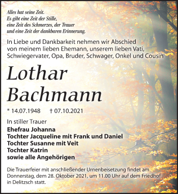 Traueranzeige von Lothar Bachmann von Leipziger Volkszeitung