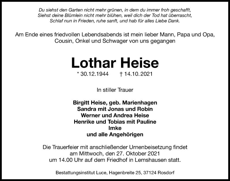  Traueranzeige für Lothar Heise vom 23.10.2021 aus Göttinger Tageblatt