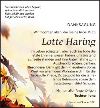 Traueranzeige von Lotte Haring von Leipziger Volkszeitung