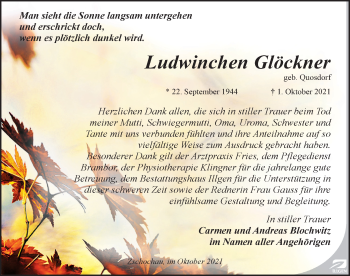 Traueranzeige von Ludwinchen Glöckner von Leipziger Volkszeitung