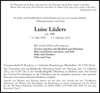 Traueranzeige von Luise Lüders von Lübecker Nachrichten
