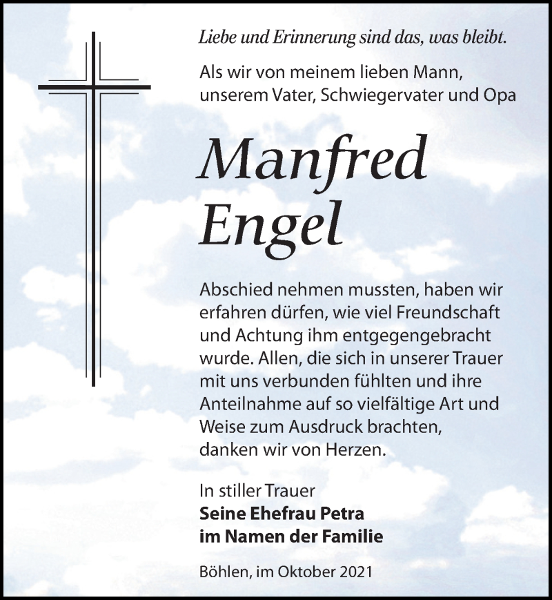  Traueranzeige für Manfred Engel vom 23.10.2021 aus Leipziger Volkszeitung