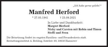 Traueranzeige von Manfred Herford von Hannoversche Allgemeine Zeitung/Neue Presse