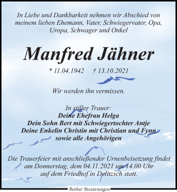 Traueranzeige von Manfred Jähner von Leipziger Volkszeitung