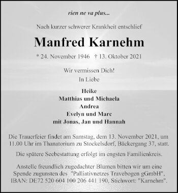 Traueranzeige von Manfred Karnehm von Lübecker Nachrichten