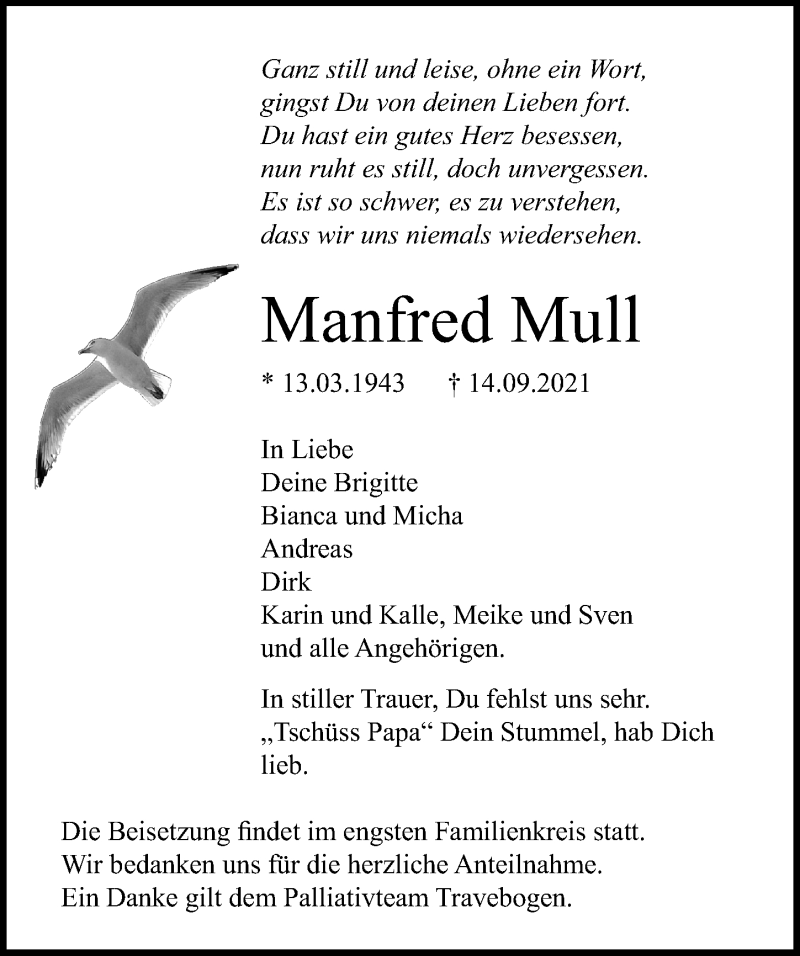  Traueranzeige für Manfred Mull vom 10.10.2021 aus Lübecker Nachrichten