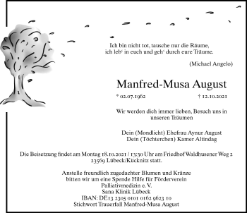 Traueranzeige von Manfred-Musa August von Lübecker Nachrichten