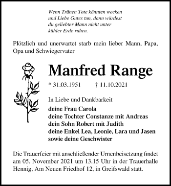 Traueranzeige von Manfred Range von Ostsee-Zeitung GmbH