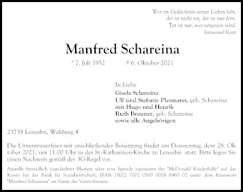 Traueranzeige von Manfred Schareina von Lübecker Nachrichten