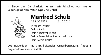 Traueranzeige von Manfred Schulz von Ostsee-Zeitung GmbH