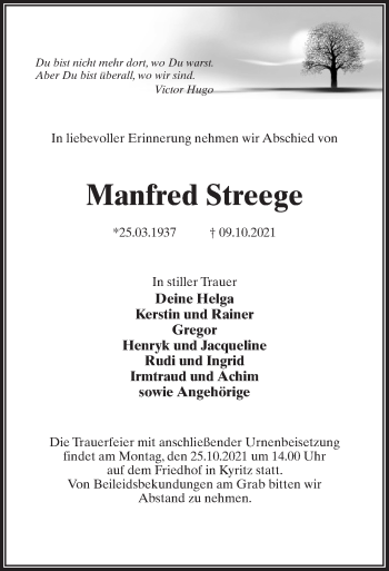 Traueranzeige von Manfred Streege von Märkischen Allgemeine Zeitung