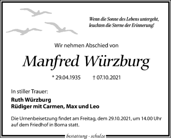 Traueranzeige von Manfred Würzburg von Leipziger Volkszeitung